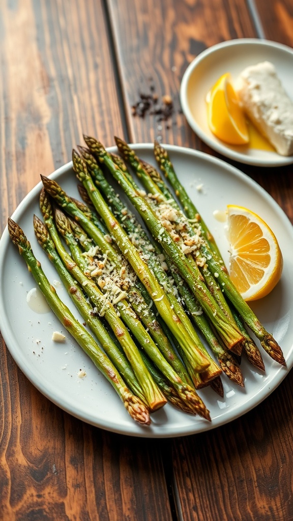 Baked asparagus with Parmesan cheese served on a plate, garnished with lemon, on a wooden table.